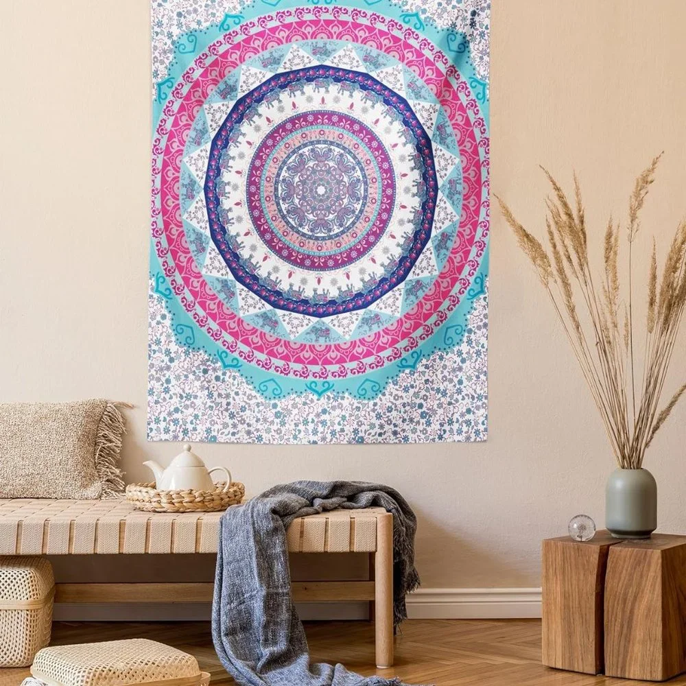 Pink & Blue Floral Mandala Elephant Boho Bohemian Home Decor Wall Tapestry NEW